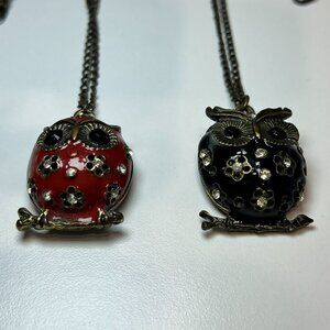 Vintage Black & Red Enamel & Rhinestone Owl Necklaces (2 Piece) SO CUTE!